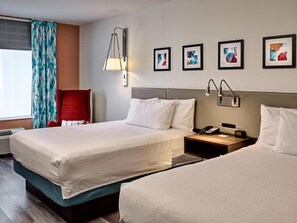 Desk, laptop workspace, blackout curtains, iron/ironing board