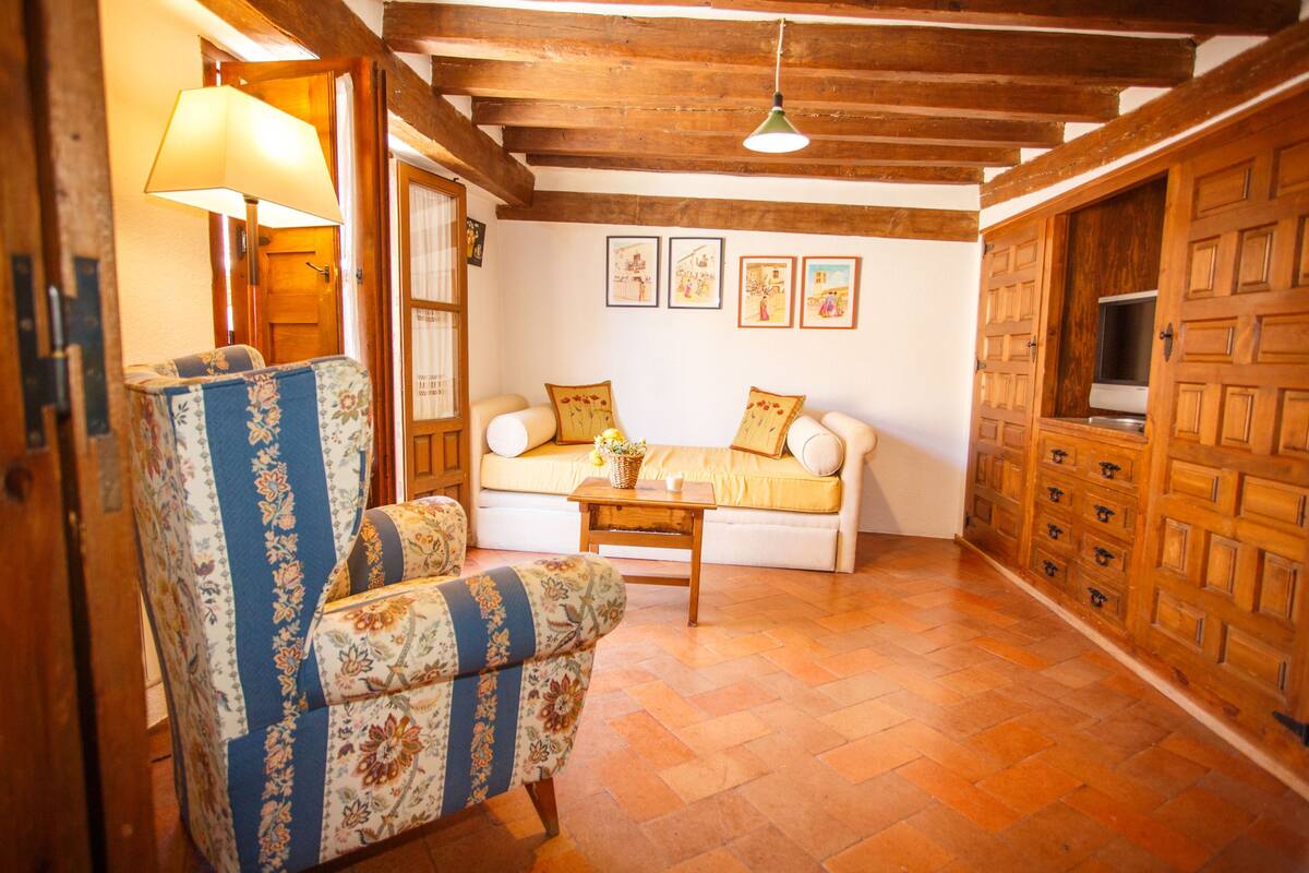 Una sala acogedora con un sofá, un sillón floral, un mueble de madera con cajones y una lámpara colgante.