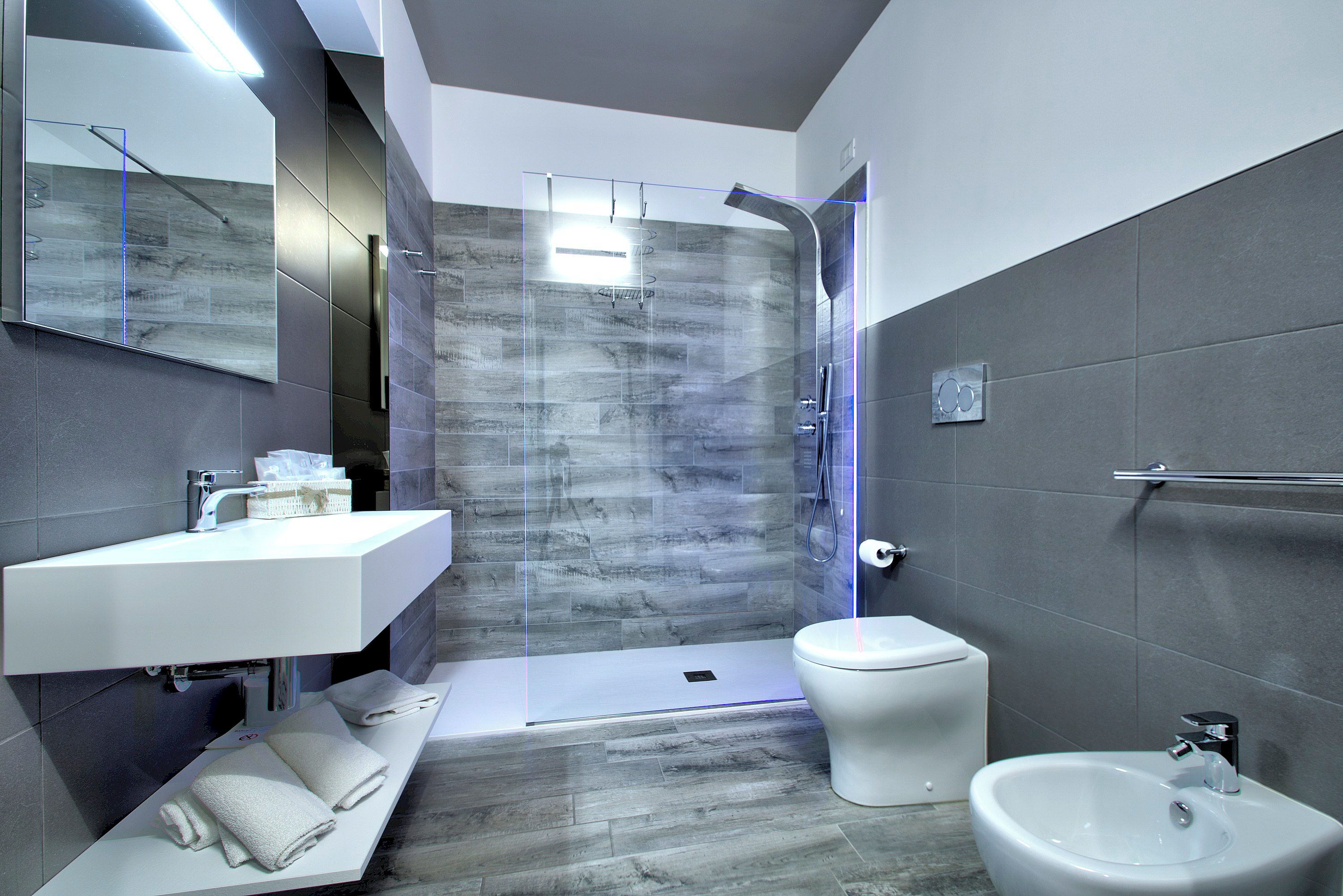 A modern bathroom with a glass-enclosed shower, a white sink, and a bidet.