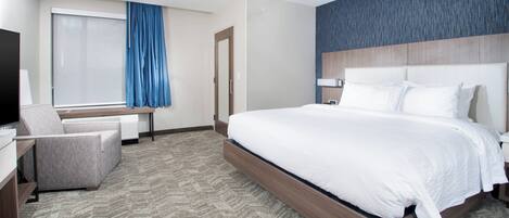 Una habitación de hotel moderna con una cama grande, un televisor de pantalla plana, un sofá y un escritorio.