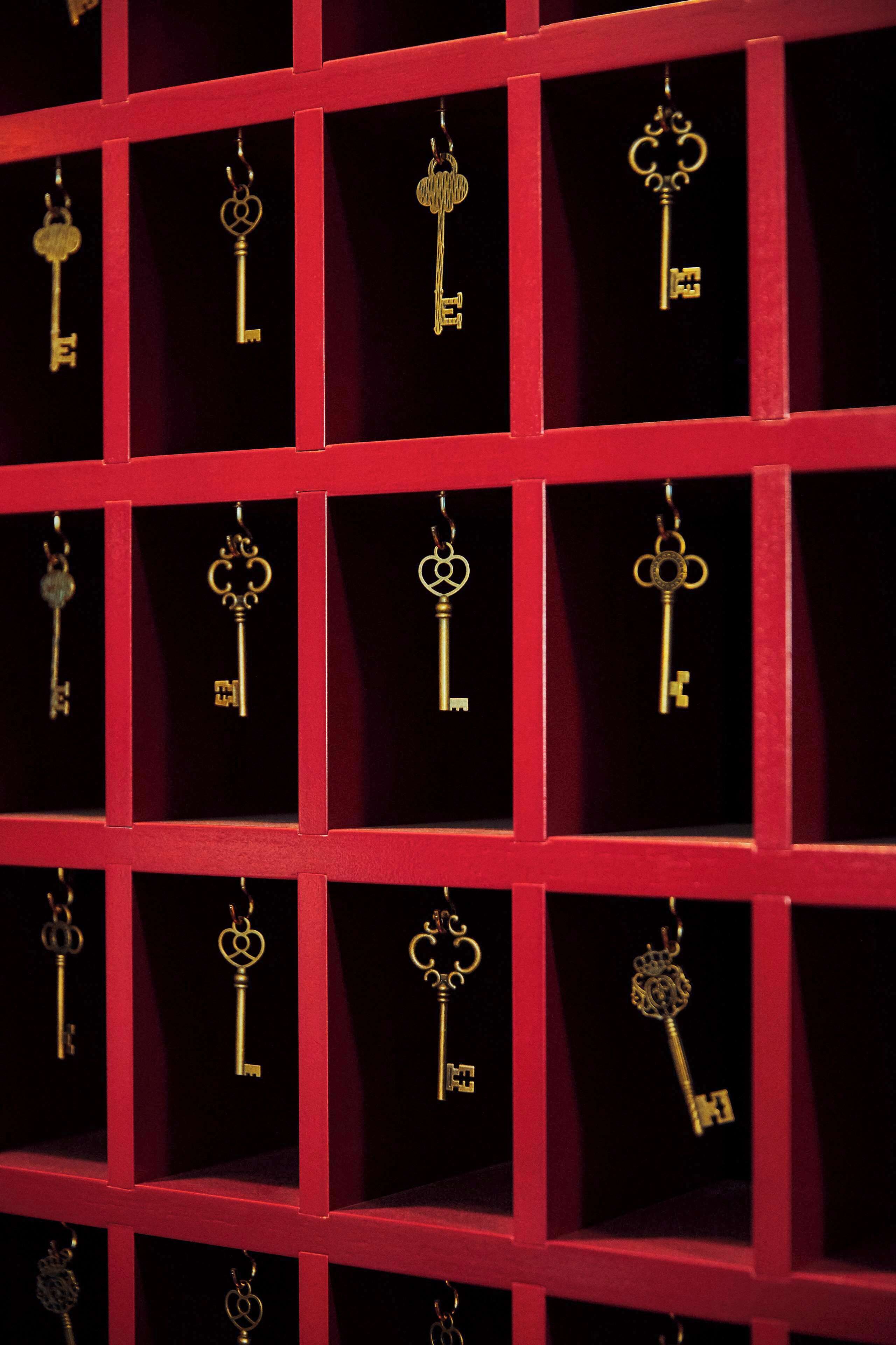 A display of various key designs in a red-framed grid.