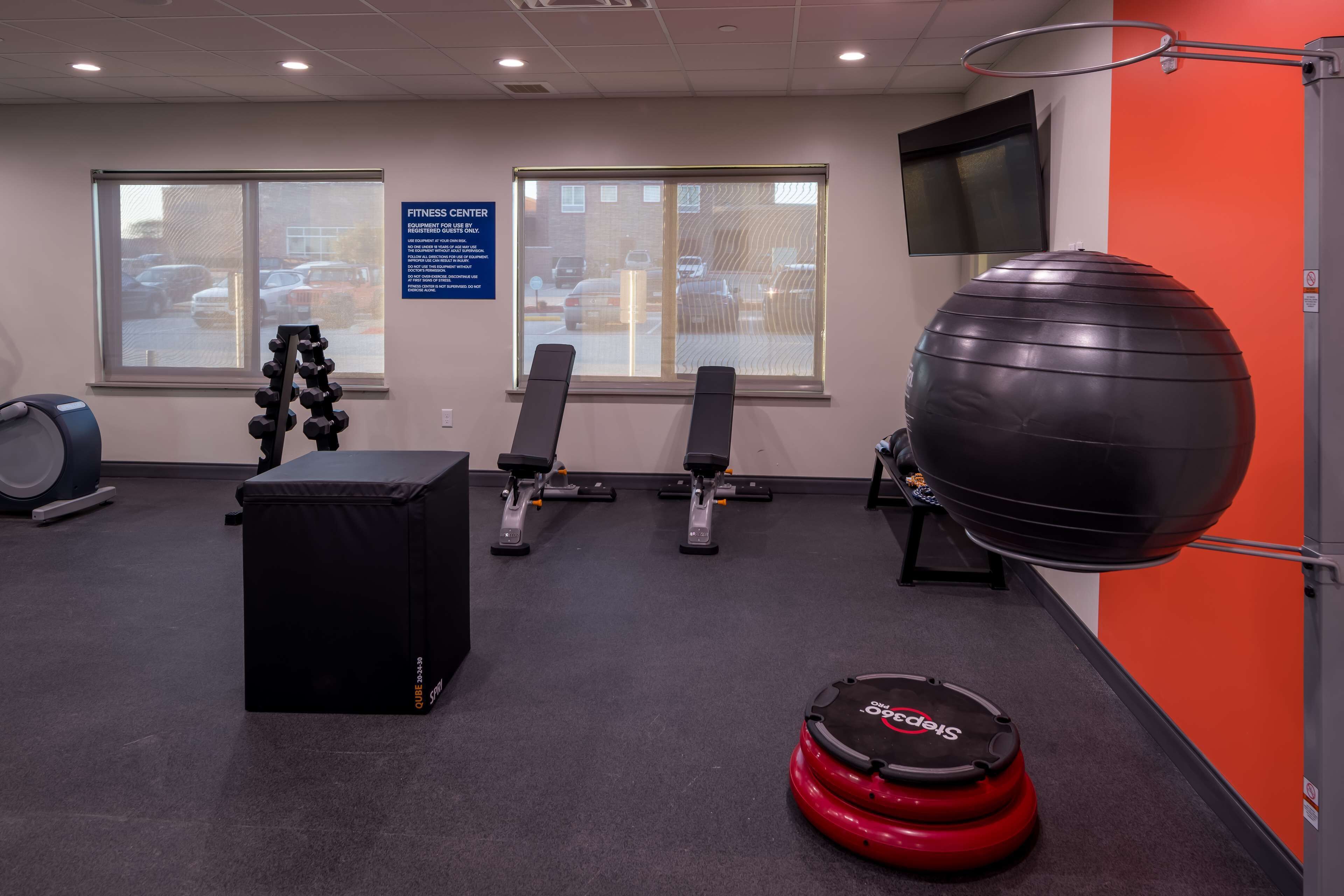 A fitness center with exercise equipment, a large exercise ball, and a dumbbell rack.