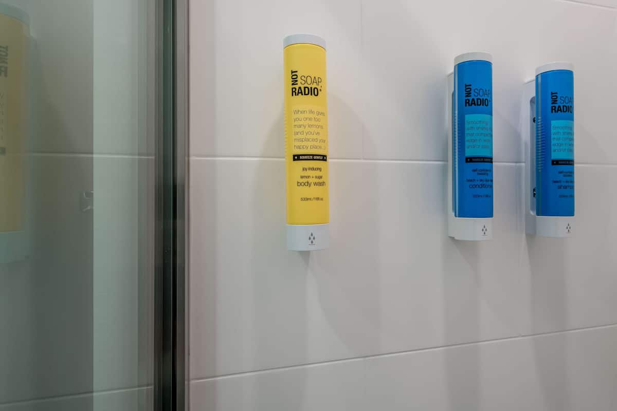 shower, free toiletries, hair dryer, towels