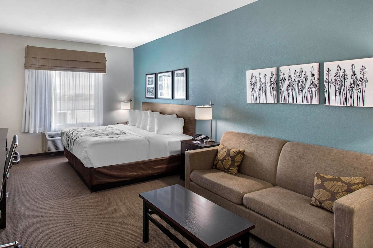A hotel room with a bed, a sofa, a coffee table, and wall art.