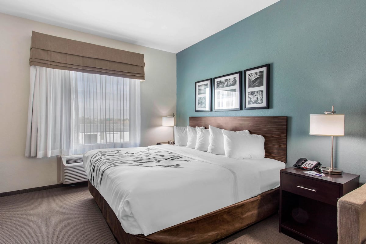 A hotel room with a large bed, a bedside table with a lamp, and a wall-mounted phone.