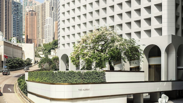 A modern building with a grid-like facade, a landscaped area with a tree, and a road with vehicles.