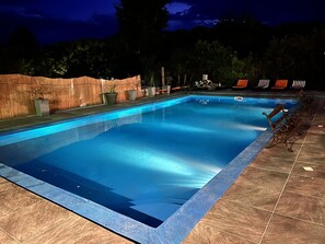 Outdoor pool, pool umbrellas, pool loungers