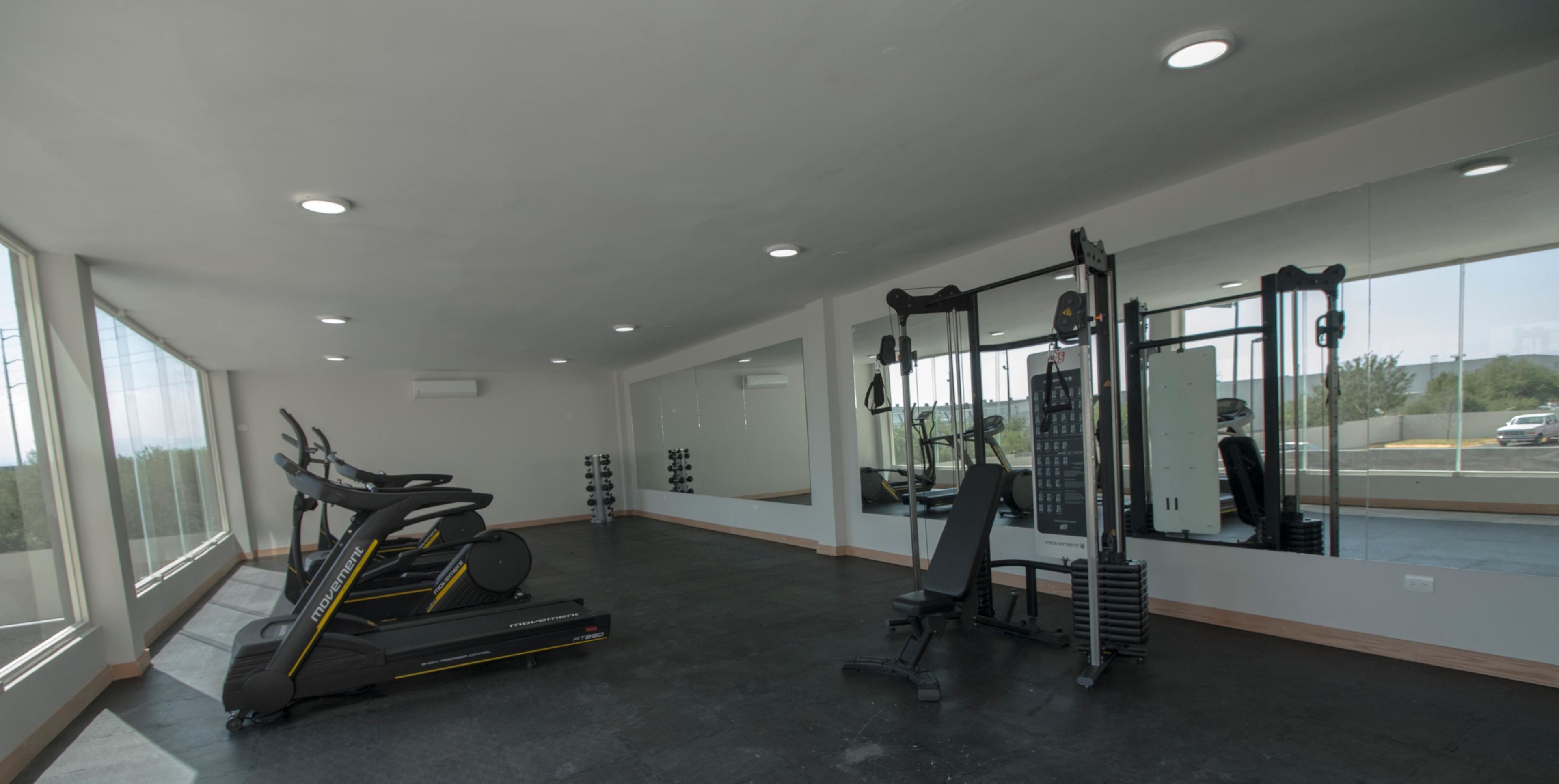 A gym with treadmills, weights, and a mirror.