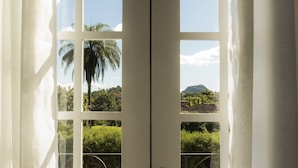 Puerta blanca con vista a un paisaje que incluye una palmera y una monta ña.