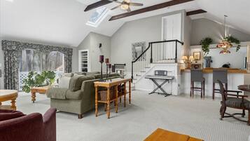 Smart TV, fireplace, video games, DVD player