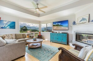 Smart TV, fireplace, DVD player, books