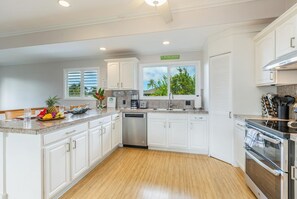 Køleskab/fryser i fuld størrelse, mikrobølgeovn, ovn, kogeplade