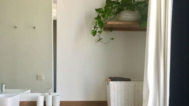 Casa de banho com toucador de madeira, espelho, lavatório e uma planta num prateleira.