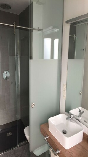 Shower, hair dryer, towels, toilet paper