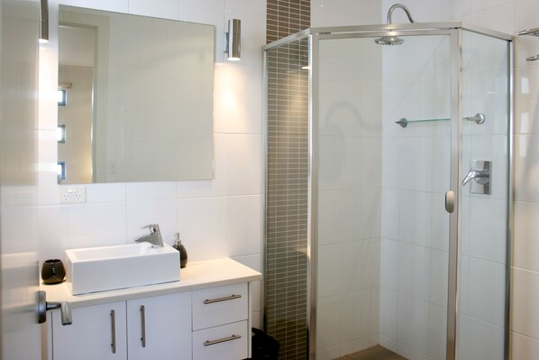 Une salle de bain moderne avec une douche à parois de verre, un lavabo blanc et un miroir au-dessus du meuble-lavabo.