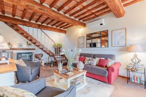 Télévision, cheminée, table de tennis de table, livres