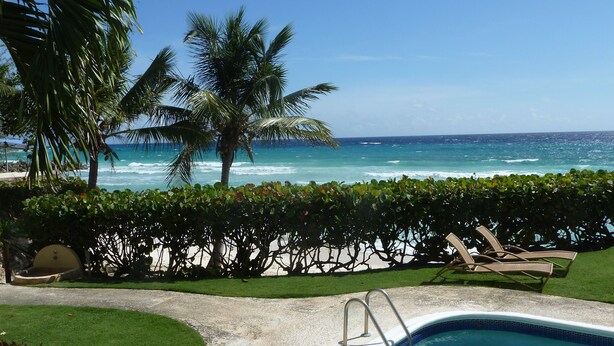 Ein Pool mit Blick auf den Ozean, Palmen und einen Strand.