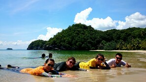 On the beach, scuba diving, snorkelling, kayaking
