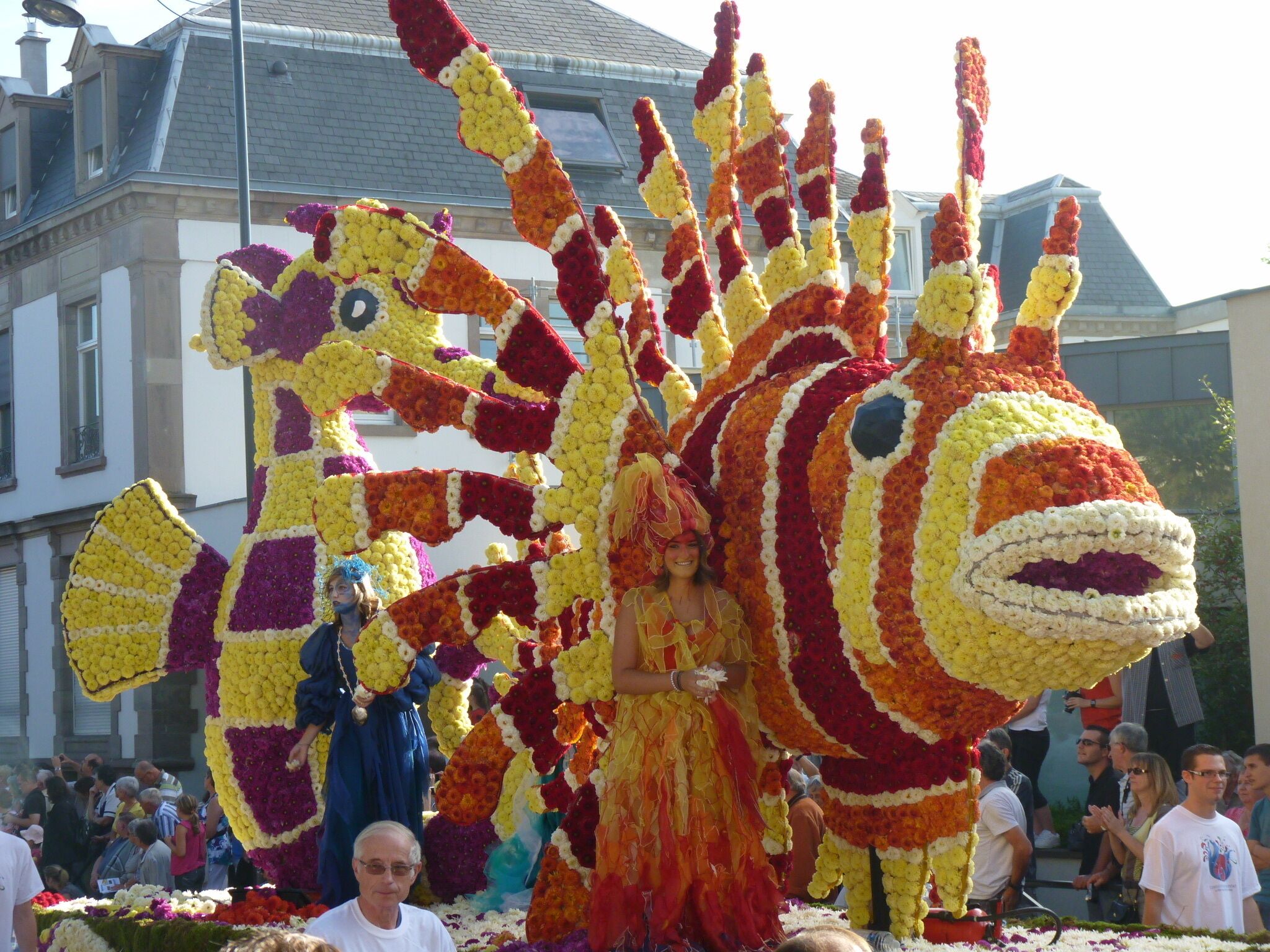 A large floral sculpture of a fish.