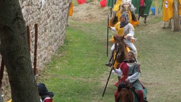 A historical reenactment with participants in medieval costumes on horseback.