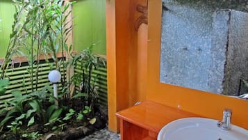 Une salle de bain avec un lavabo blanc, un miroir et une étagère en bois. Le mur est vert et on aperçoit une plante à l’arrière-plan.