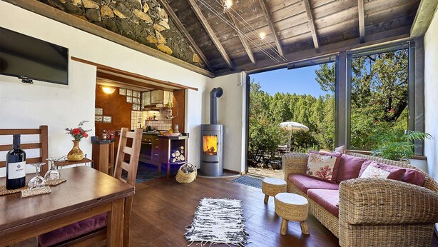 A cozy interior with a dining area, a sofa, and a fireplace.