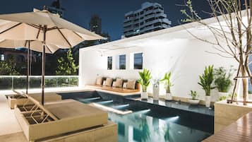 Outdoor pool, pool umbrellas, pool loungers