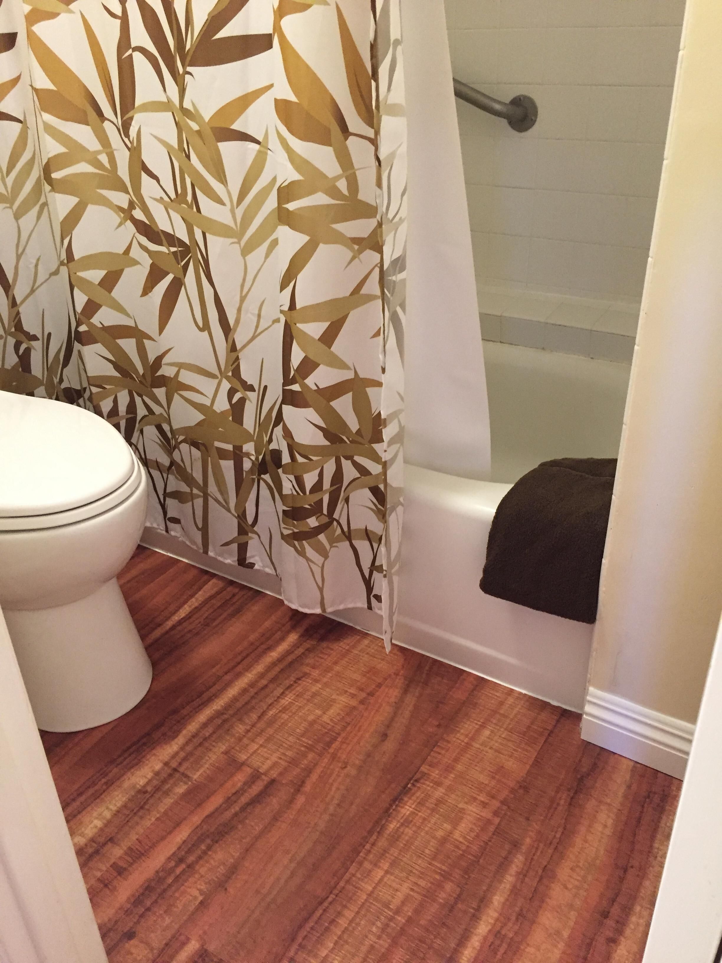 Combined shower/tub, hair dryer, towels, toilet paper