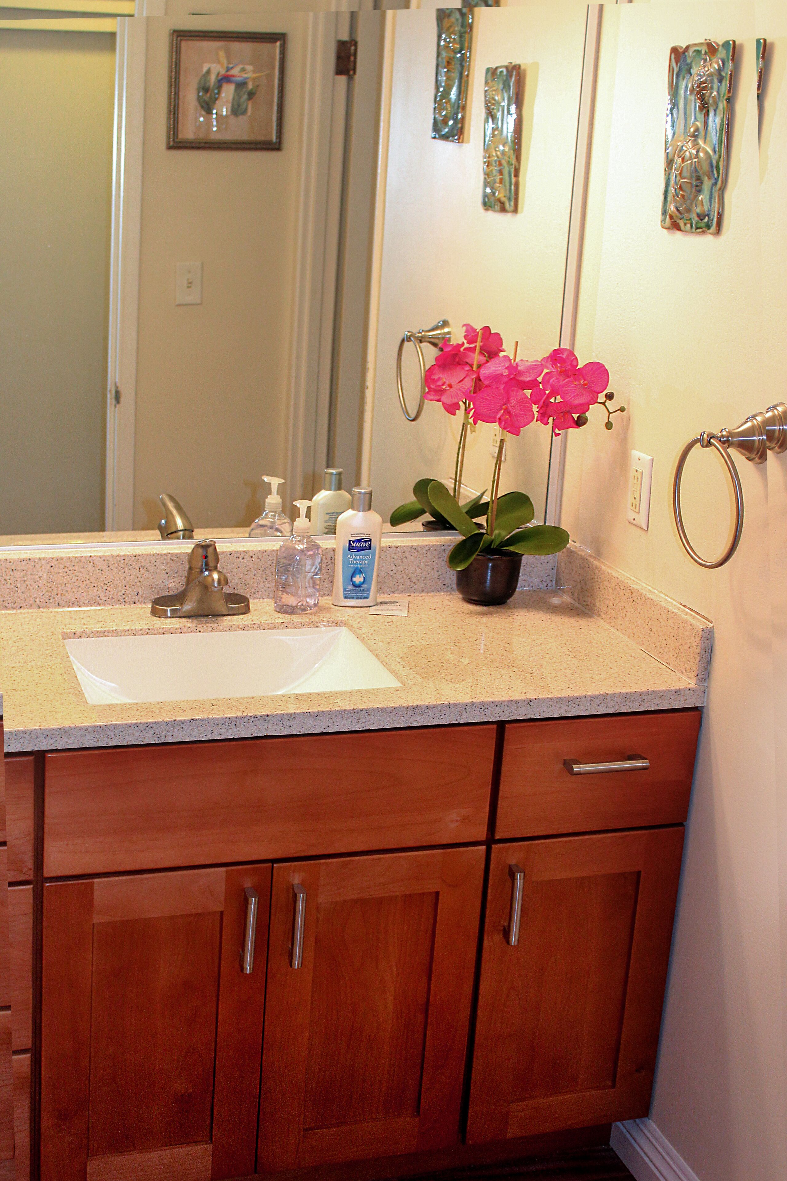 Combined shower/tub, hair dryer, towels, toilet paper