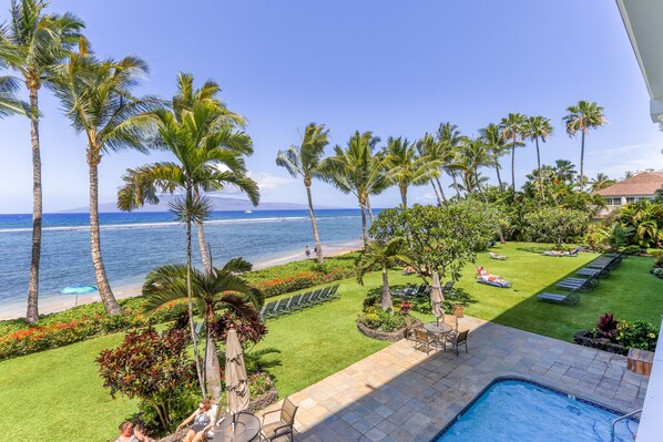 A pool area with lounge chairs and umbrellas, a well-maintained lawn, and a view of the ocean. - Gorgeous Oceanfront Studio at Lahaina Shores Beach Resort (Lahaina)