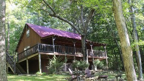 A cabin with a balcony, surrounded by trees and a grassy area with benches. - The Ole Bear Rustic Mountain Cabin (Tellico Plains)