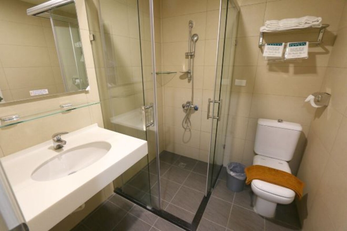 A bathroom with a glass-enclosed shower, a white sink, and a toilet.
