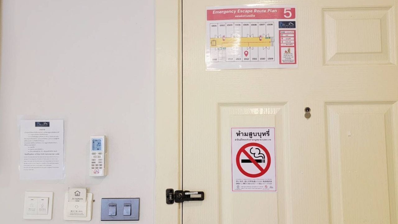 Una puerta con un plano de ruta de evacuación de emergencia, un detector de humo, un cartel de prohibido fumar y un termostato.