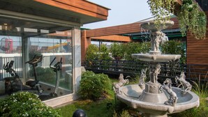 Un jardín con una fuente, bicicletas estáticas y una terraza de madera.
