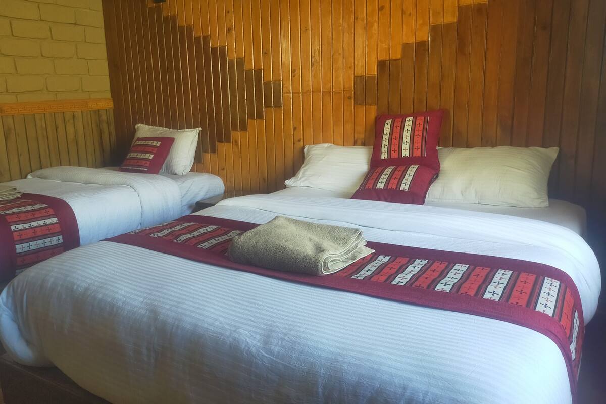 A hotel room with two beds, each with white bedding and decorative pillows. The room features wooden paneling on the walls and a brick accent wall.