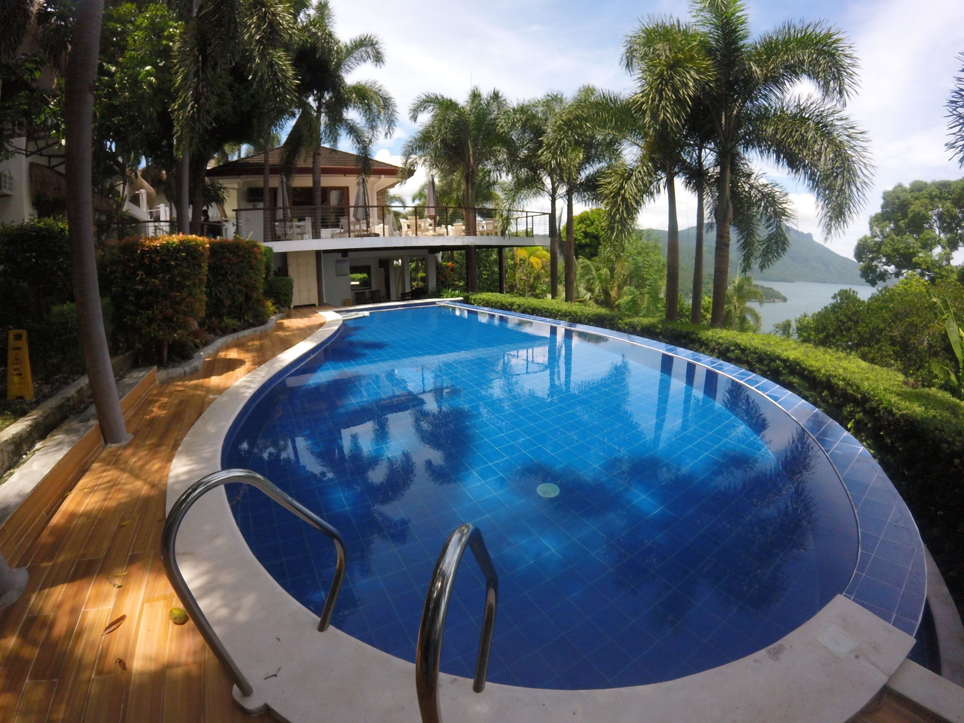 A swimming pool with a wooden deck, surrounded by palm trees and a view of a mountain and lake.