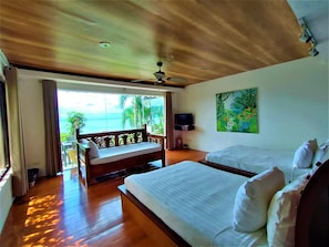 Family Room, Lake View | Desk, bed sheets