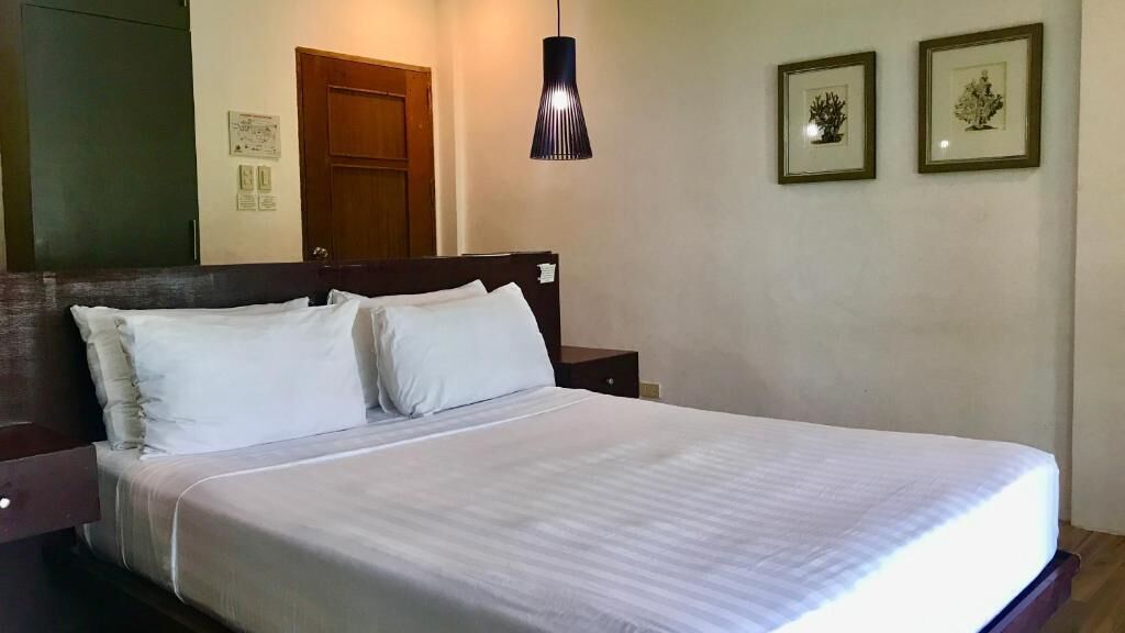 A bed with white bedding, a wooden headboard, a nightstand, a hanging lamp, and two framed pictures on the wall.