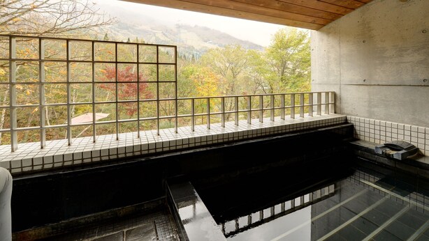 Un baño moderno con vistas al follaje otoñal a través de una ventana con celosía metálica.