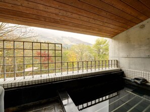 A modern bathroom with a view of autumn foliage through a window with a metal grid. - the Kinta Naeba (Yuzawa)