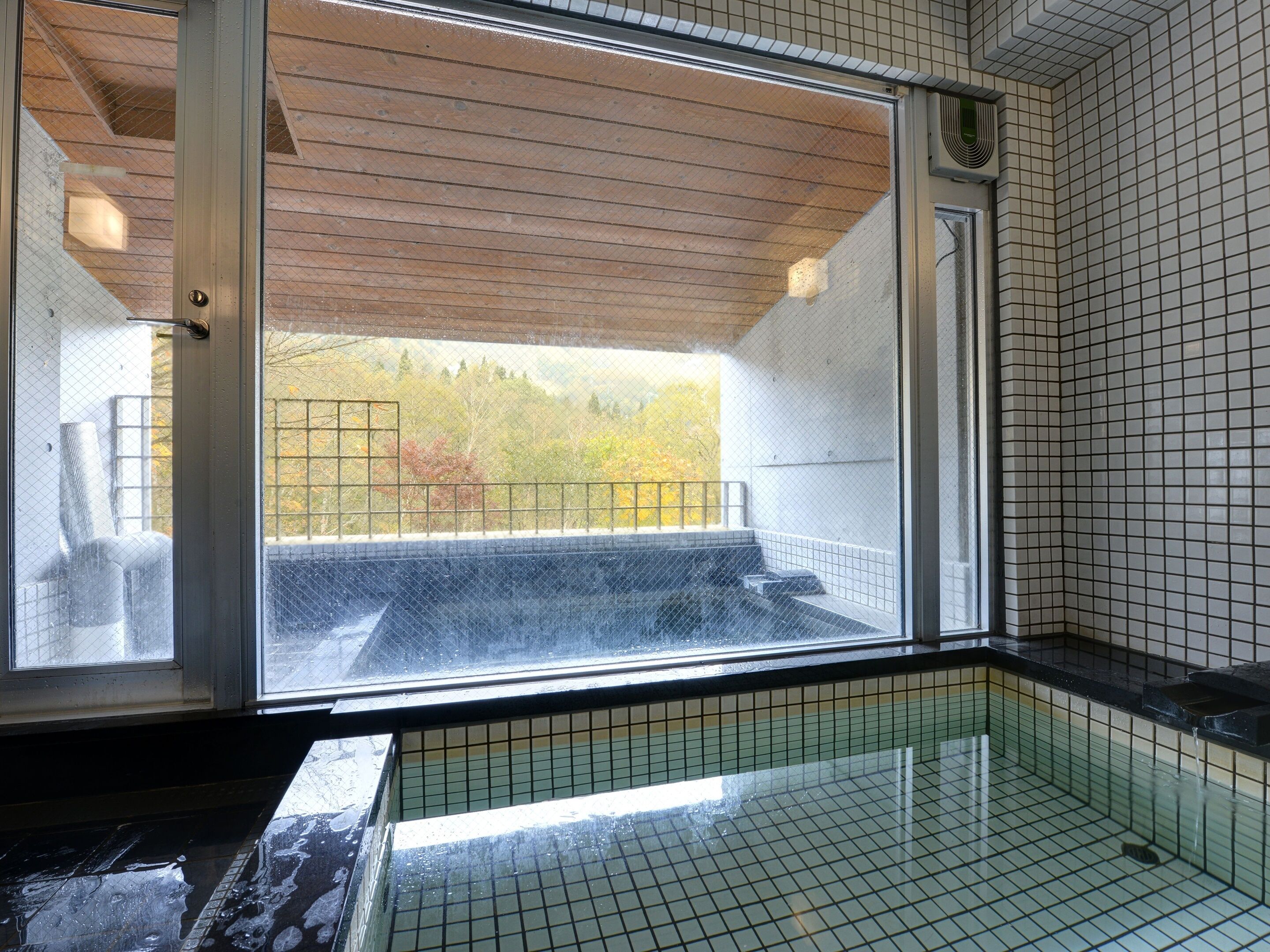 A hot tub with a view of autumn trees through a glass door.
