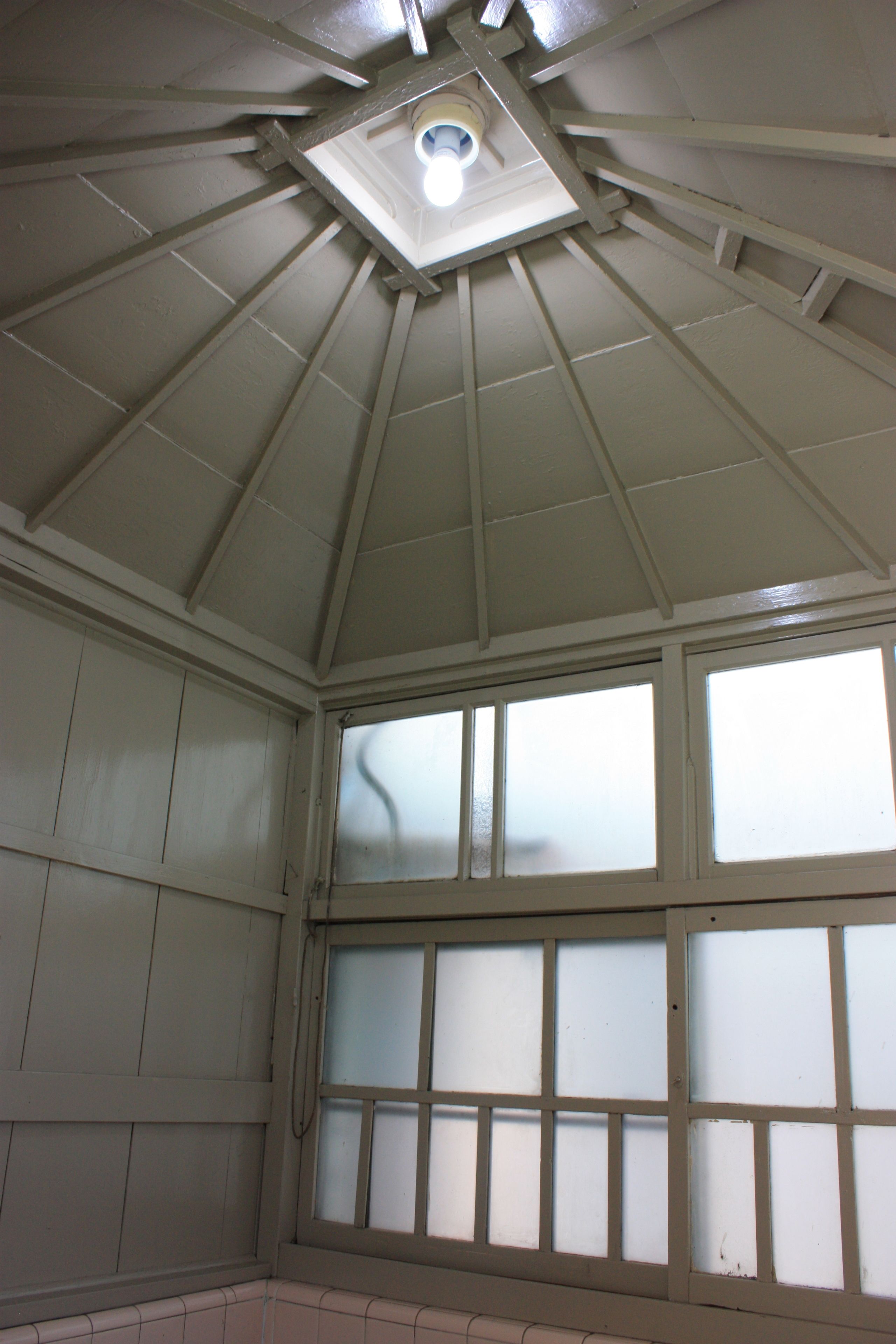 A room with a sloped ceiling, a skylight, and frosted glass windows.