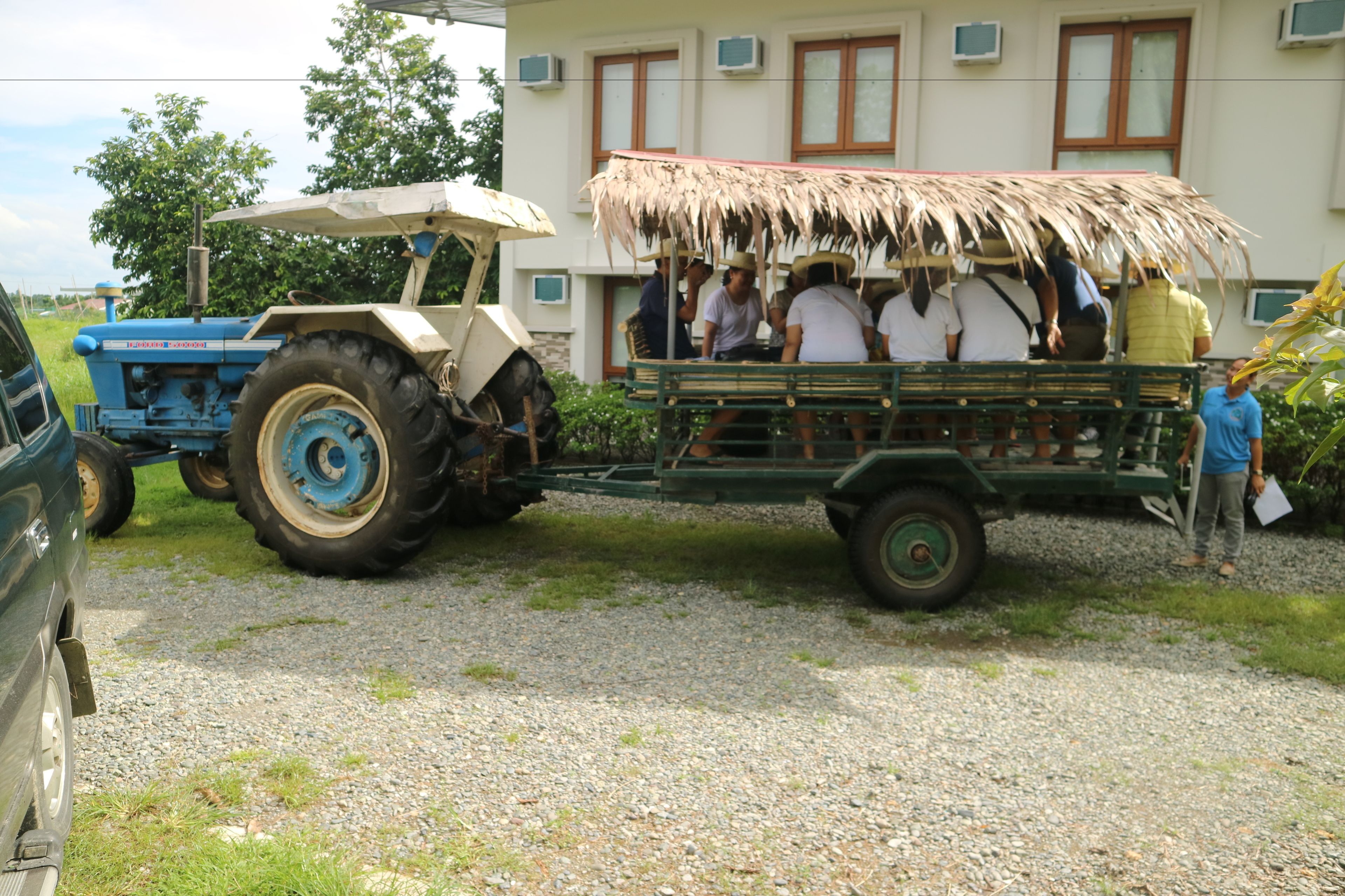 Un carrito verde con techo de paja, remolcado por un tractor azul, estacionado sobre una superficie de grava.