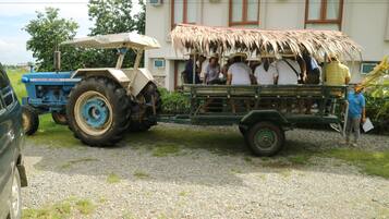 Un carrito verde con techo de paja, remolcado por un tractor azul, estacionado sobre una superficie de grava.