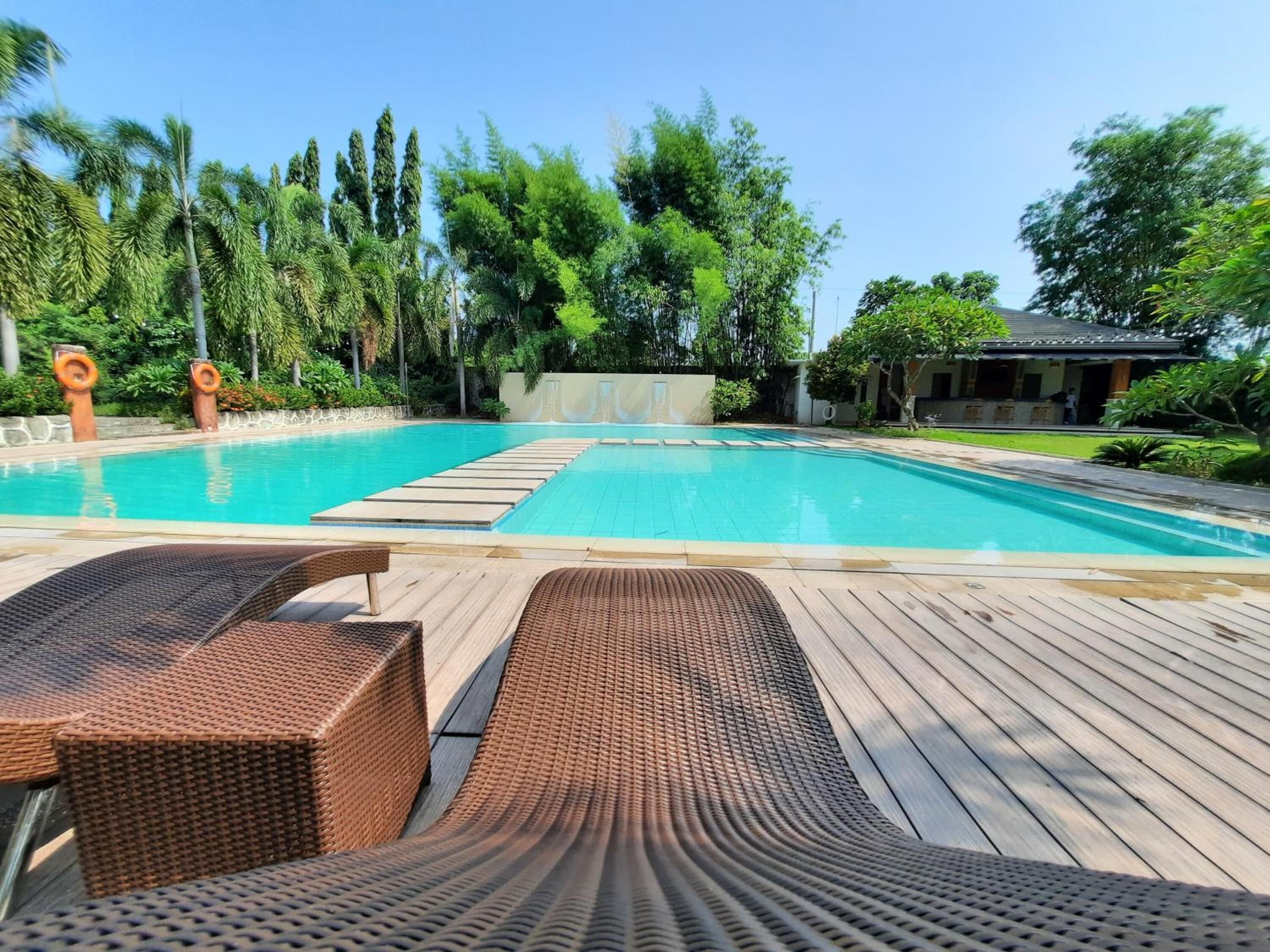 Outdoor pool, pool umbrellas, sun loungers