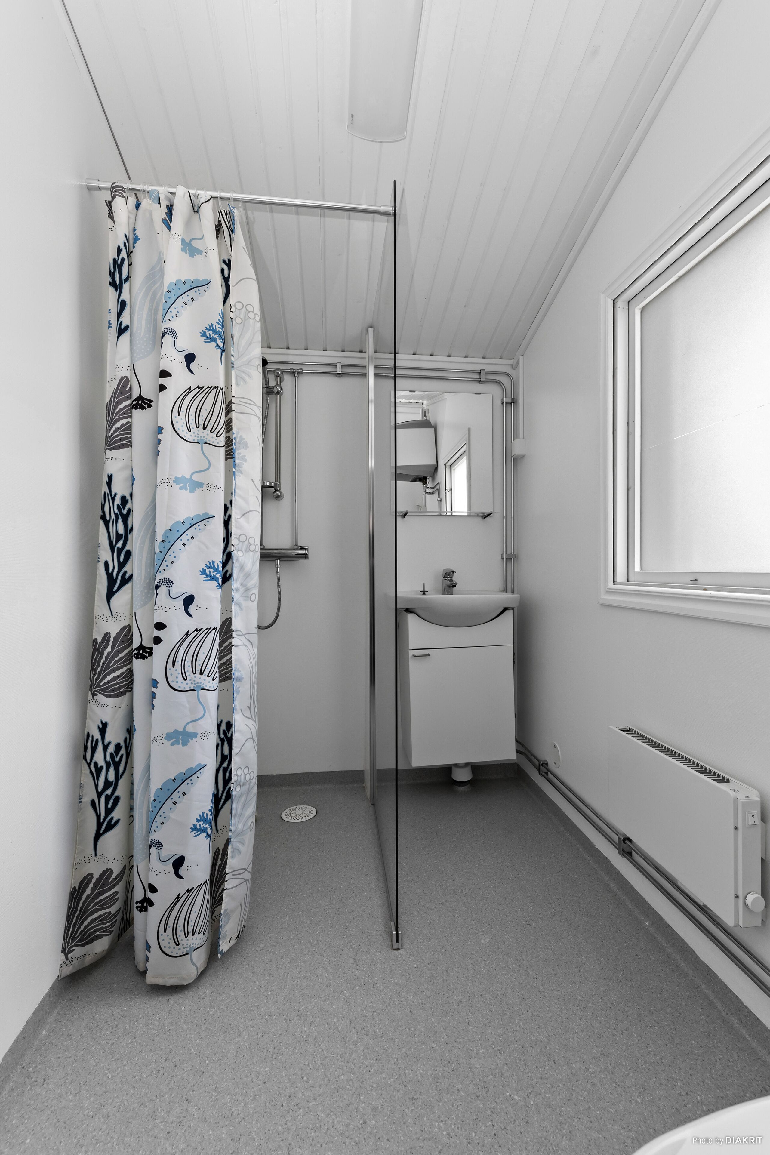 A bathroom with a shower, a sink, a mirror, and a window.