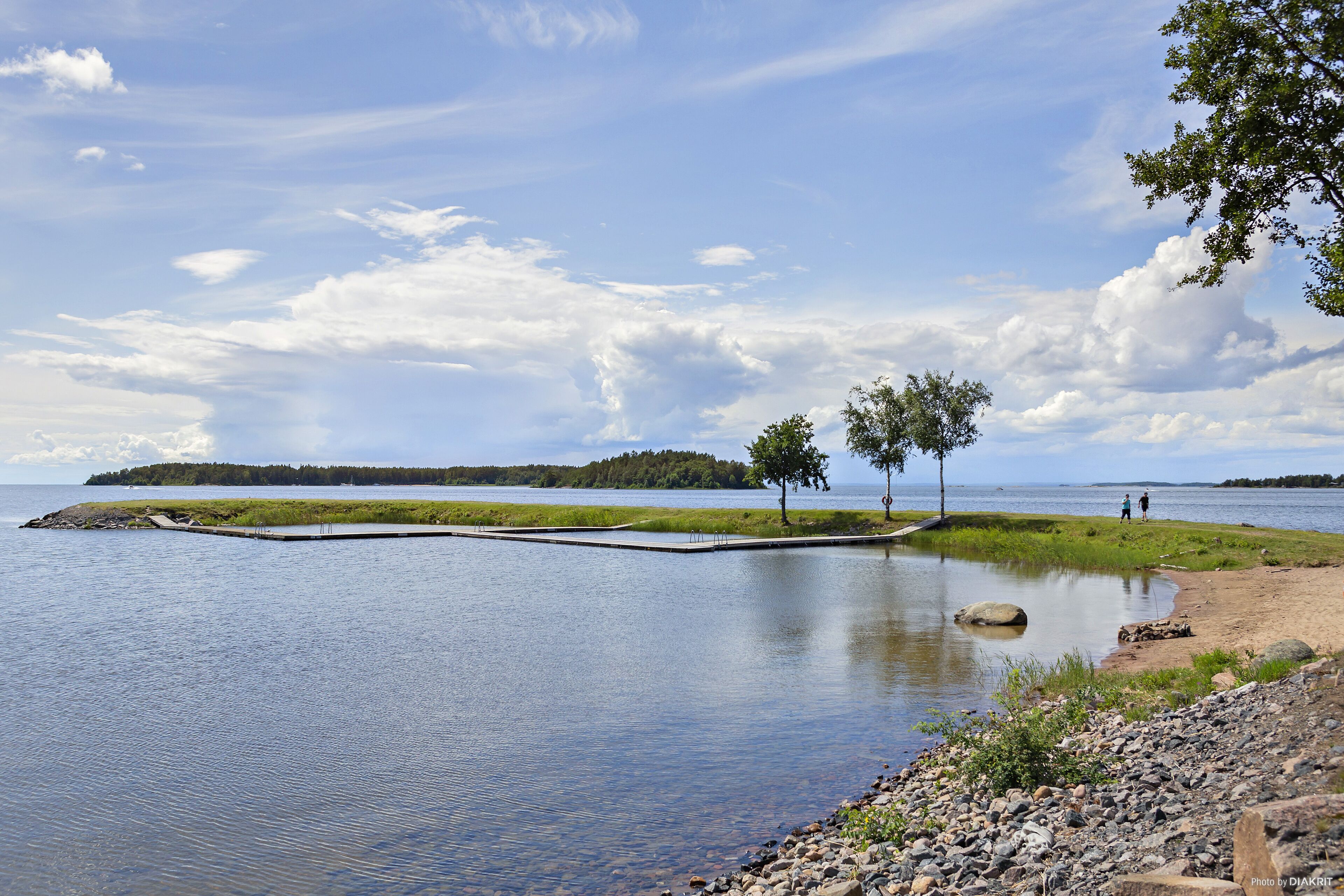 A calm lake with a wooden dock, a grassy area with trees, and a distant shoreline.