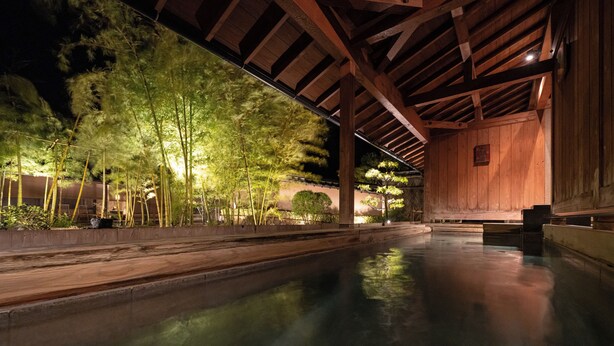 Un área de piscina interior tranquila con vigas de madera y una superficie acuática serena, rodeada de abundante vegetación.