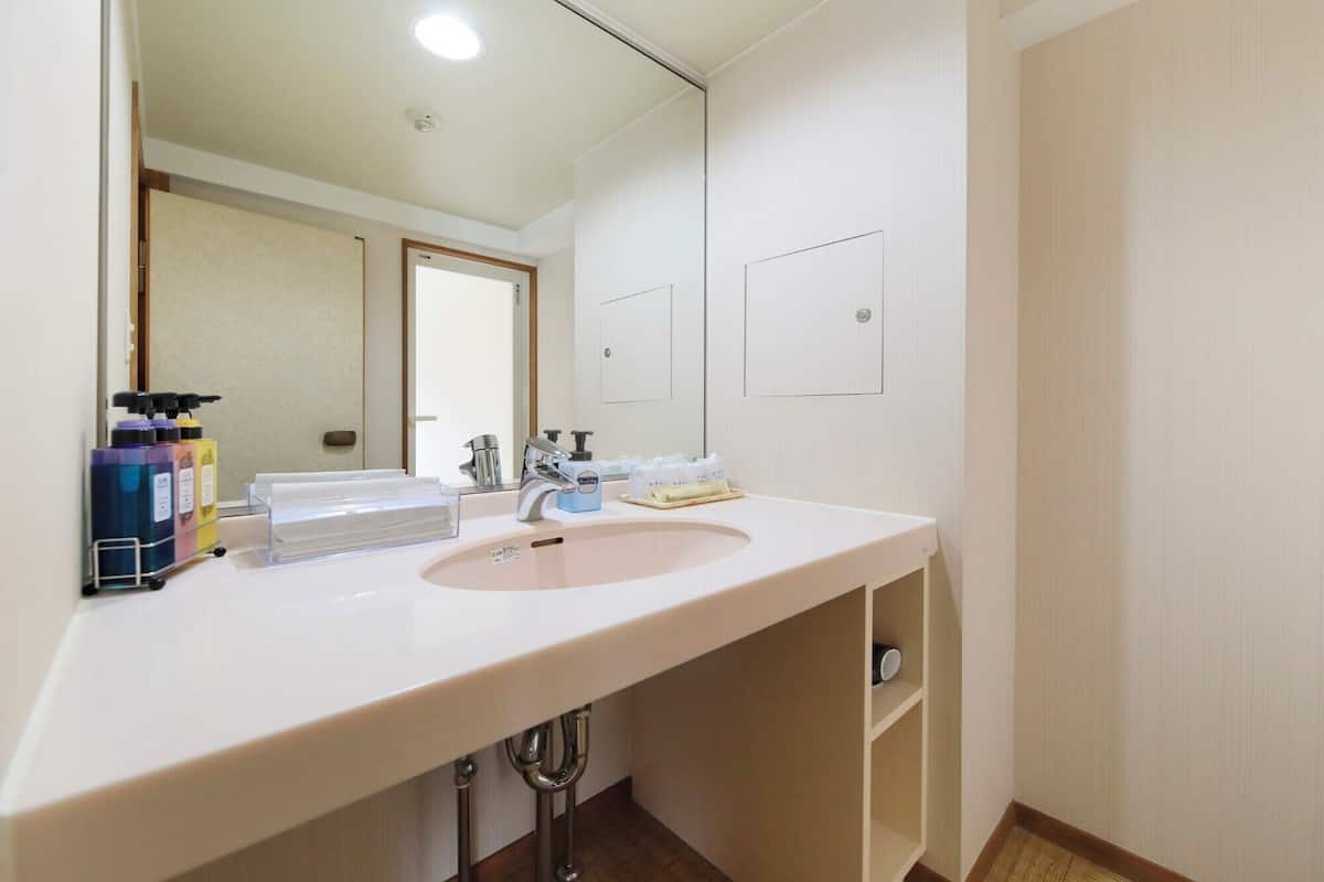Un baño con lavamanos blanco, espejo y un mueble debajo. Hay artículos de aseo en la encimera y un cabezal de ducha sobre el lavamanos.