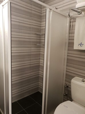 A bathroom with a shower enclosure, a toilet, and a towel rack with a towel.